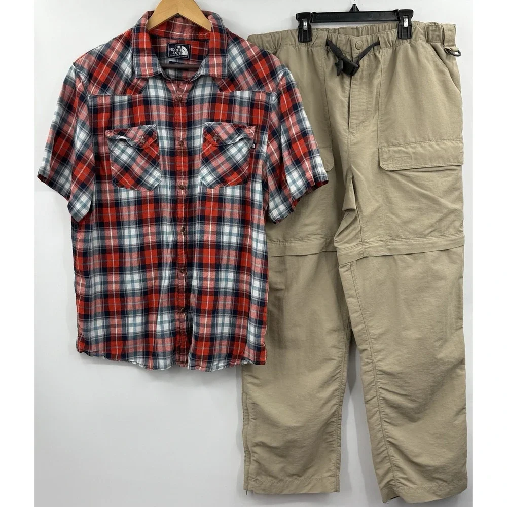 The North Face Size XL Khaki Convertible Pants Zip Off & Red‎ Plaid Shirt Outfit